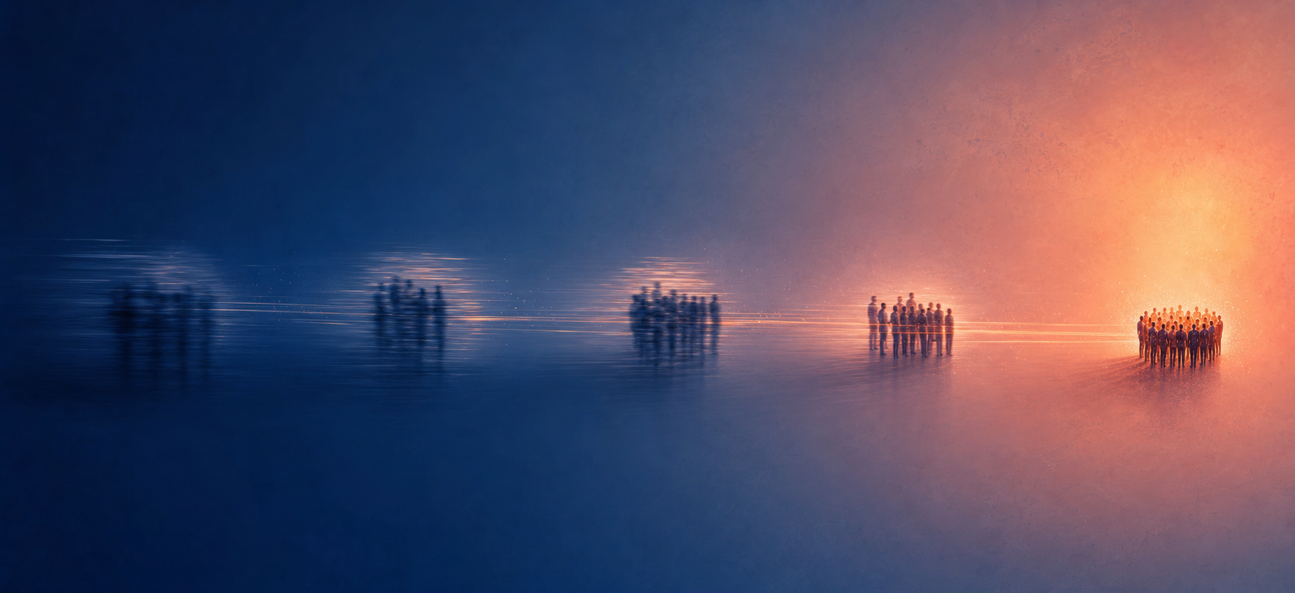 Groups of people stretched across a blue-to-orange horizon, showing widening distance between adoption frames.