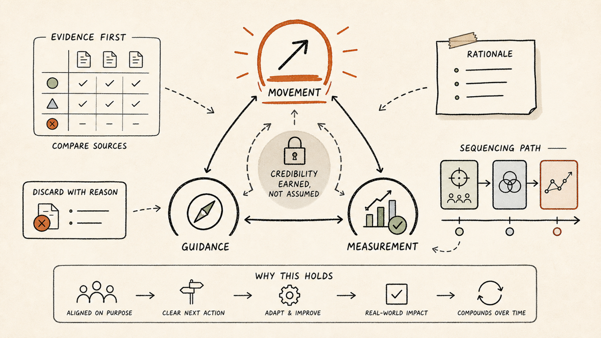 Annotated framework triad showing movement, guidance, and measurement as the tests that earn credibility.