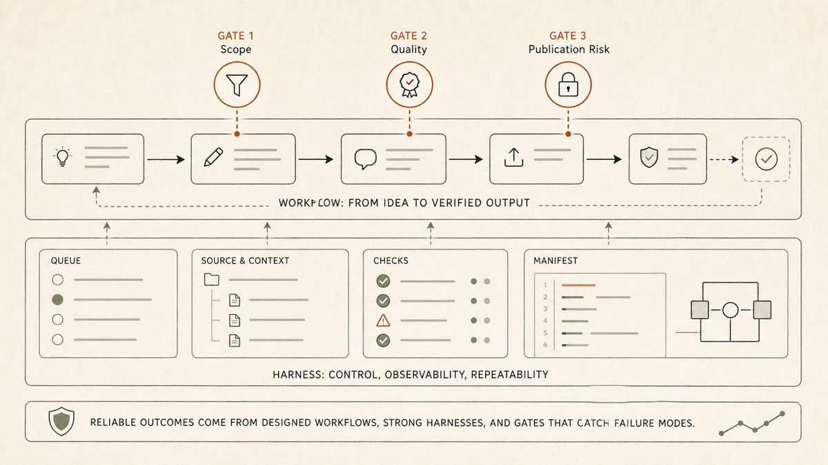 Compact workflow illustration showing AI execution moving through scope, quality, and publication-risk gates.