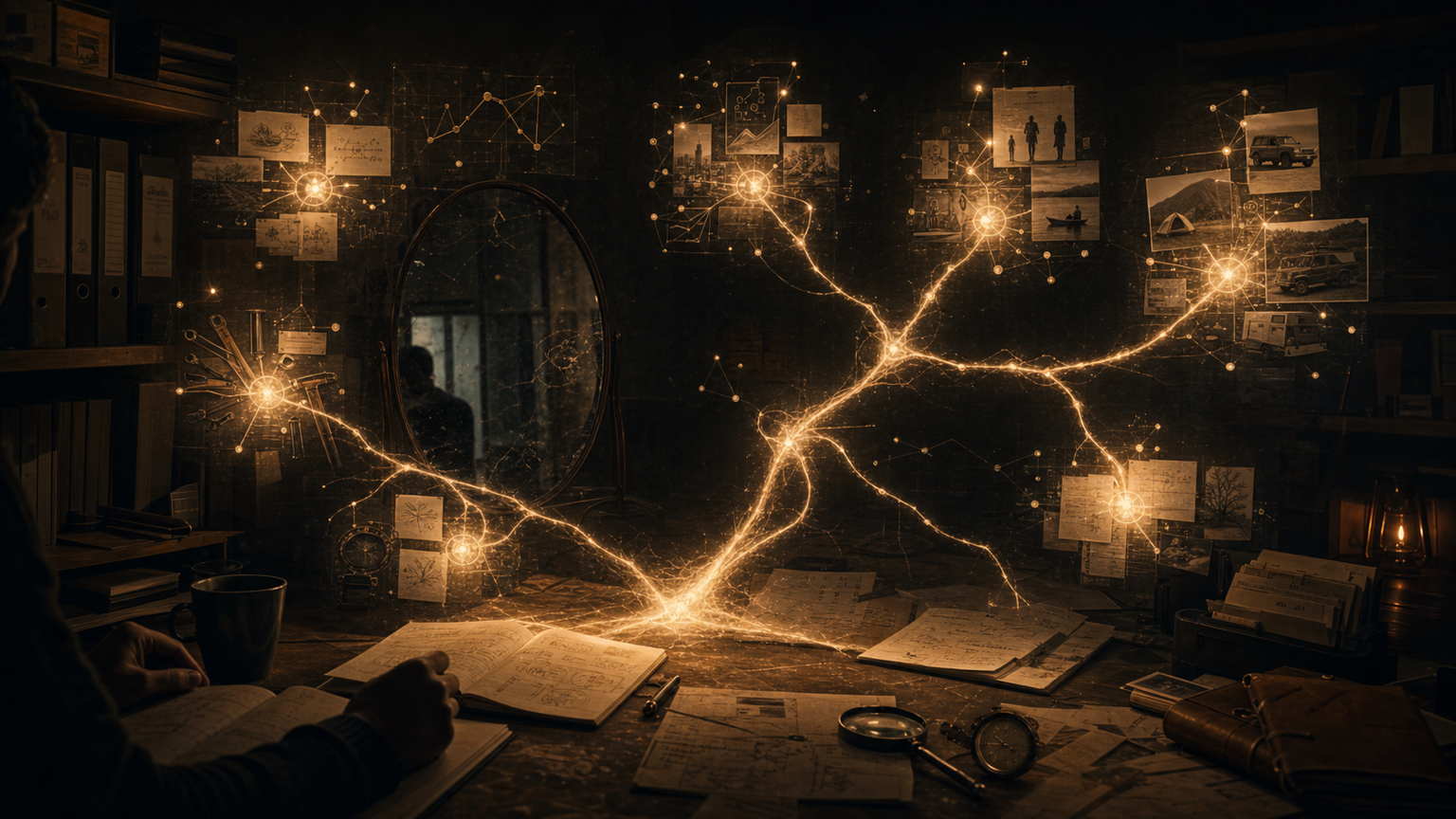 Luminous archive map showing connected notes, tools, and reflection traces around an imperfect mirror.