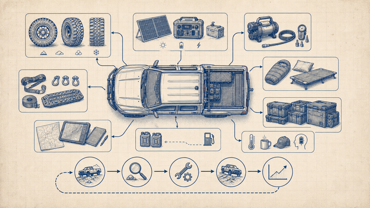Blueprint-style system diagram of a 4x4 platform connected to tyres, recovery, power, sleep, information, and refinement loops.